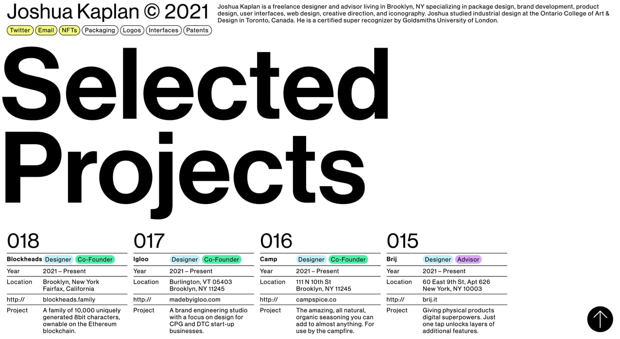 Sample display of projects