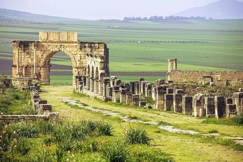 A long shot of the excavated Berber Roman city of Volubilis n Morocco