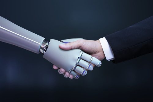 left hand is artificial intelligence and right hand real human being 