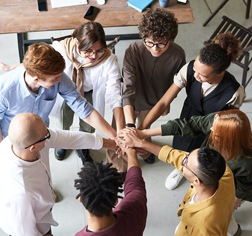 Diverse group of people holding each other's hands in solidarity