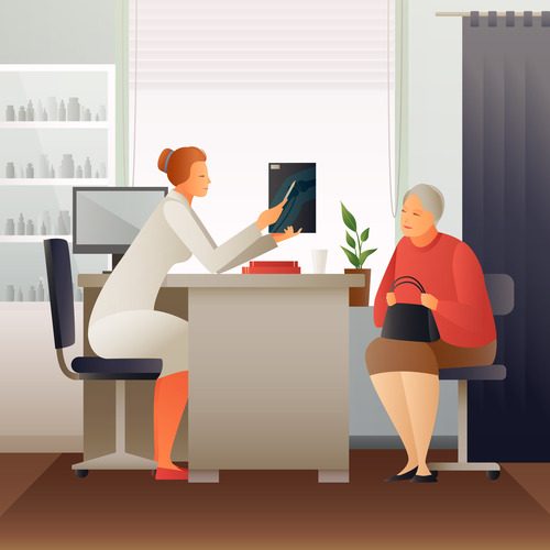 Medical office assistant talking to a female patient 