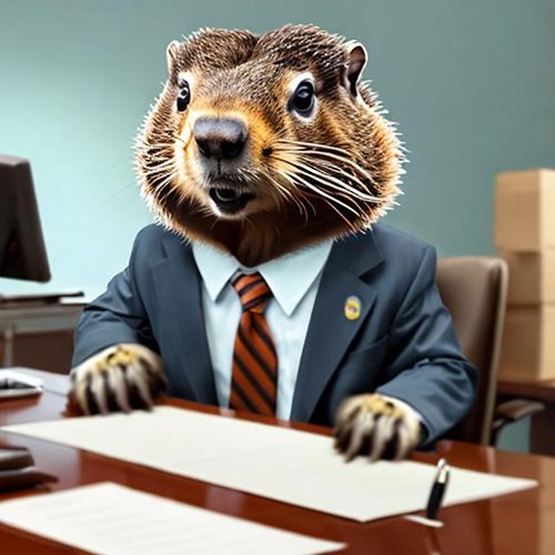 An adorable groundhog business marmot reviews paperwork from the accounting department