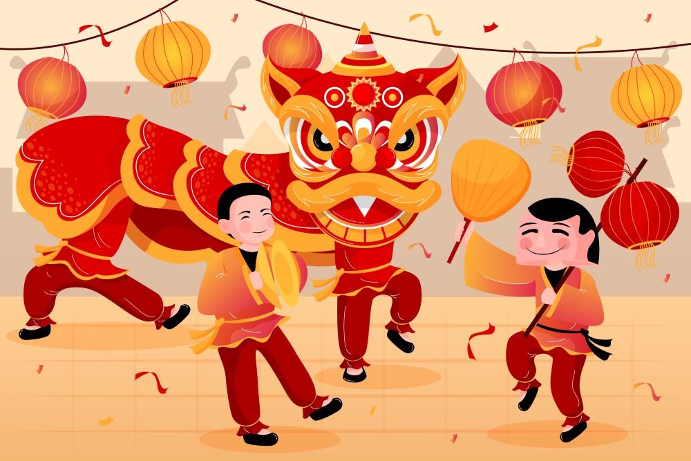 Dragon and Lion Dances occur during the festivities of Lunar new year.