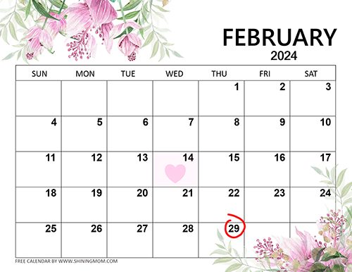 A calendar of February 2024, highlighting Valentine's Day and Leap Day