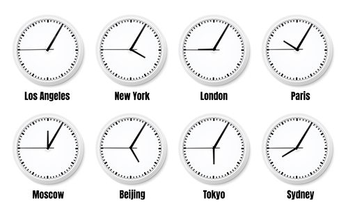 A collection of international clocks - a visual example of the fluidity of time in business