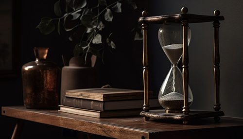 A classic hourglass sits upon a dusty shelf, an archaic reminder of the hour lost to Daylight Savings