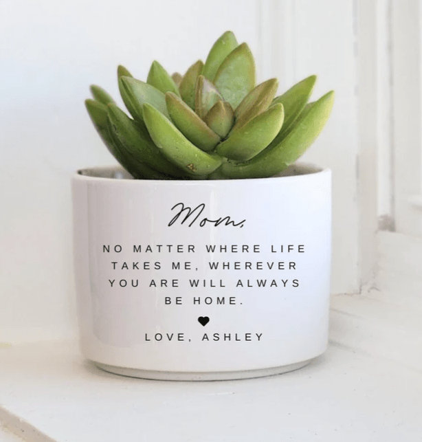 engraved pot showing message for mom