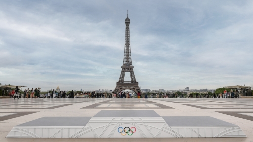 Podium for the Paris Olympics in front of the Eiffel Tower