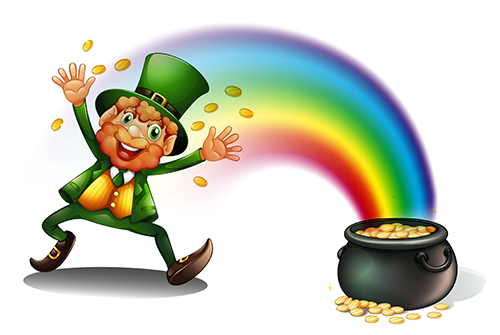 Leprechaun with his pot of gold at the end of a rainbow