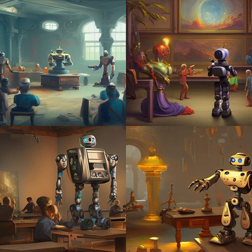 Robot teaching an art class from NightCafeSudio