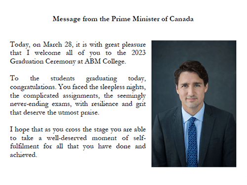 Message from Justin Trudeau, Prime Minister of Canada for ABM Graduation Spring 2023